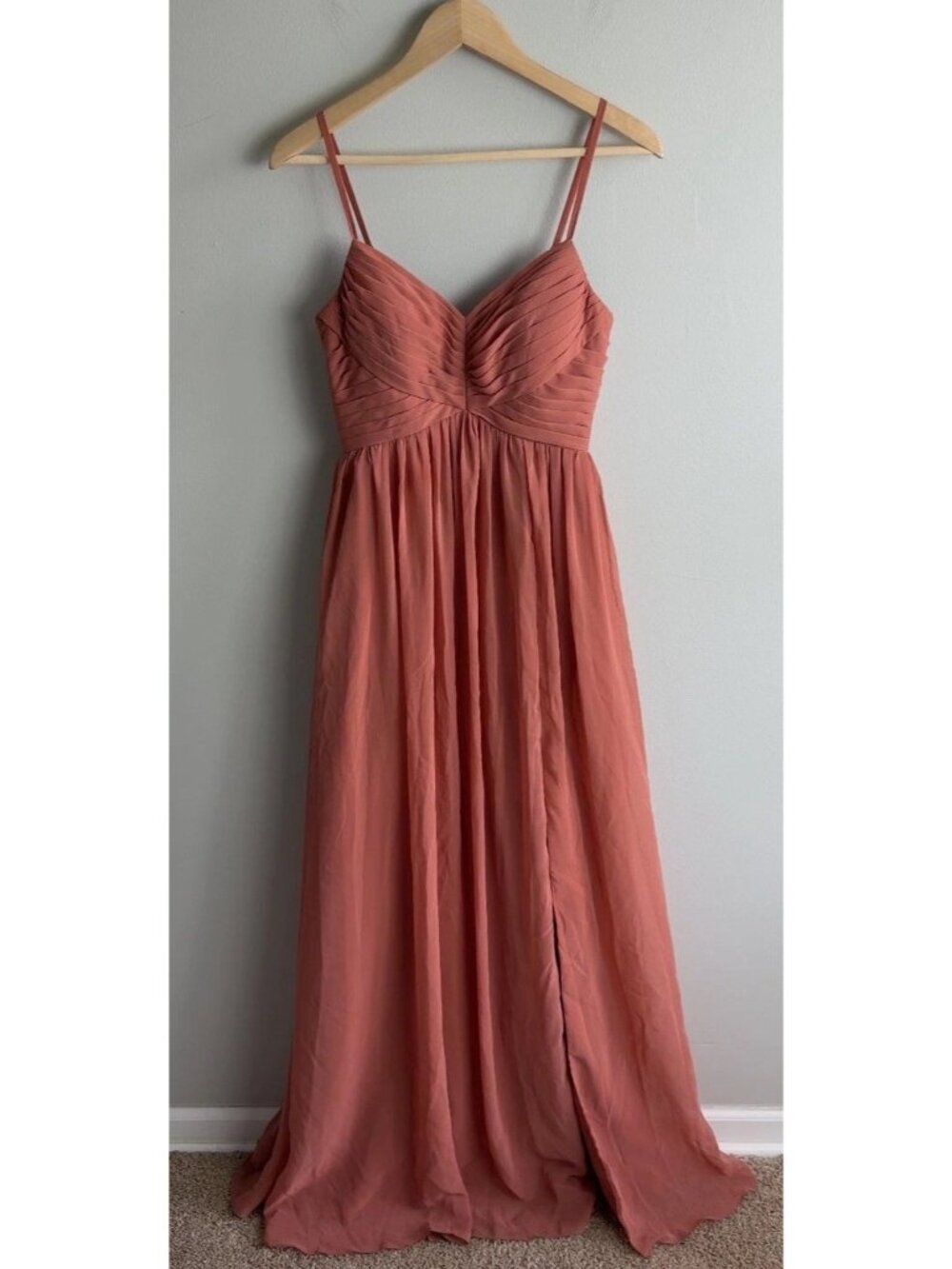 Azazie Coral Terracotta Chiffon Pleated Maxi Bridesmaid Dress Size A2 Women’s